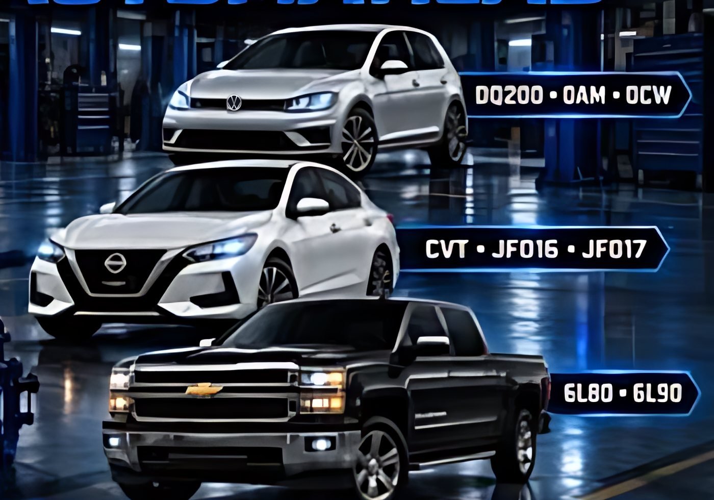 Volkswagen Golf (DQ200, 0AM, 0CW), Nissan Sentra (CVT JF016, JF017) y Chevrolet Silverado (6L80, 6L90)